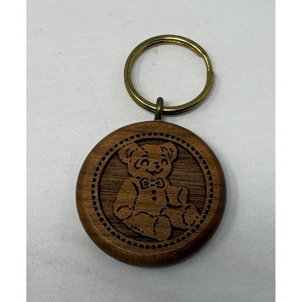 Vintage 80's Wooden Teddy Bear Engraved Keychain